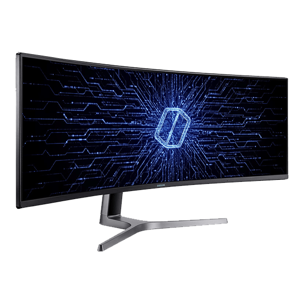 Moniteur incurvé ultra-large Samsung affichant un motif de circuit imprimé bleu.