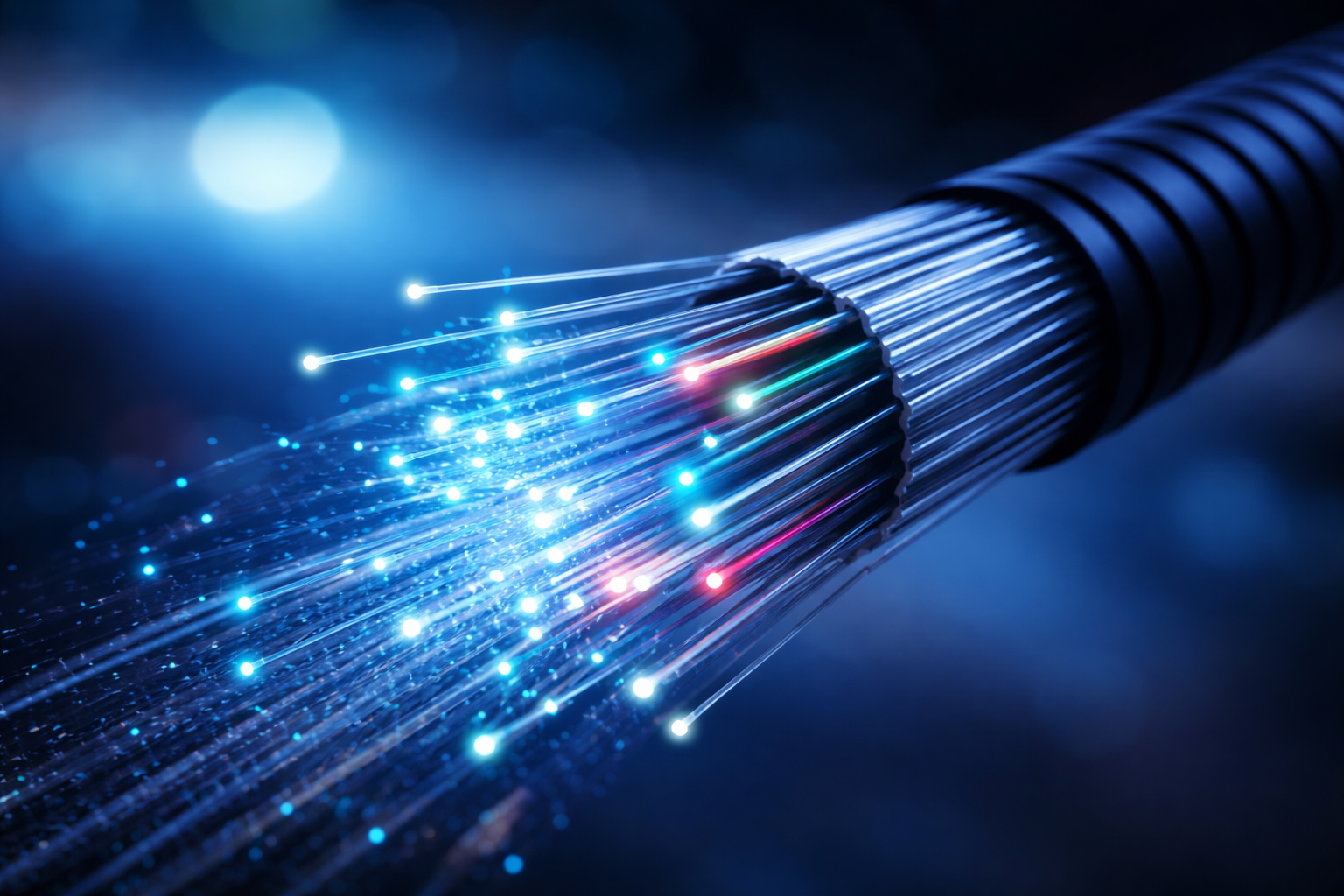 Câble à fibres optiques, brins lumineux aux lumières de différentes couleurs, transmettant des données.