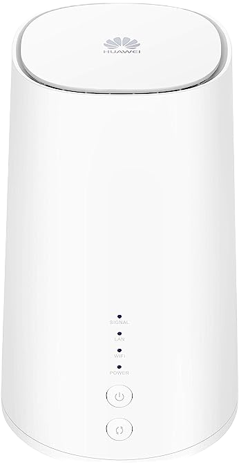 Routeur sans fil Huawei 5G CPE Pro 2 blanc. De forme cylindrique, avec voyants lumineux et boutons d'alimentation.