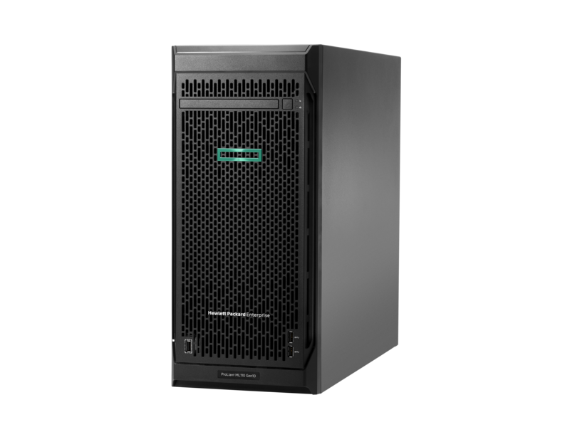 Tour serveur HP ProLiant noire avec panneau avant en mesh, le logo HP est visible.