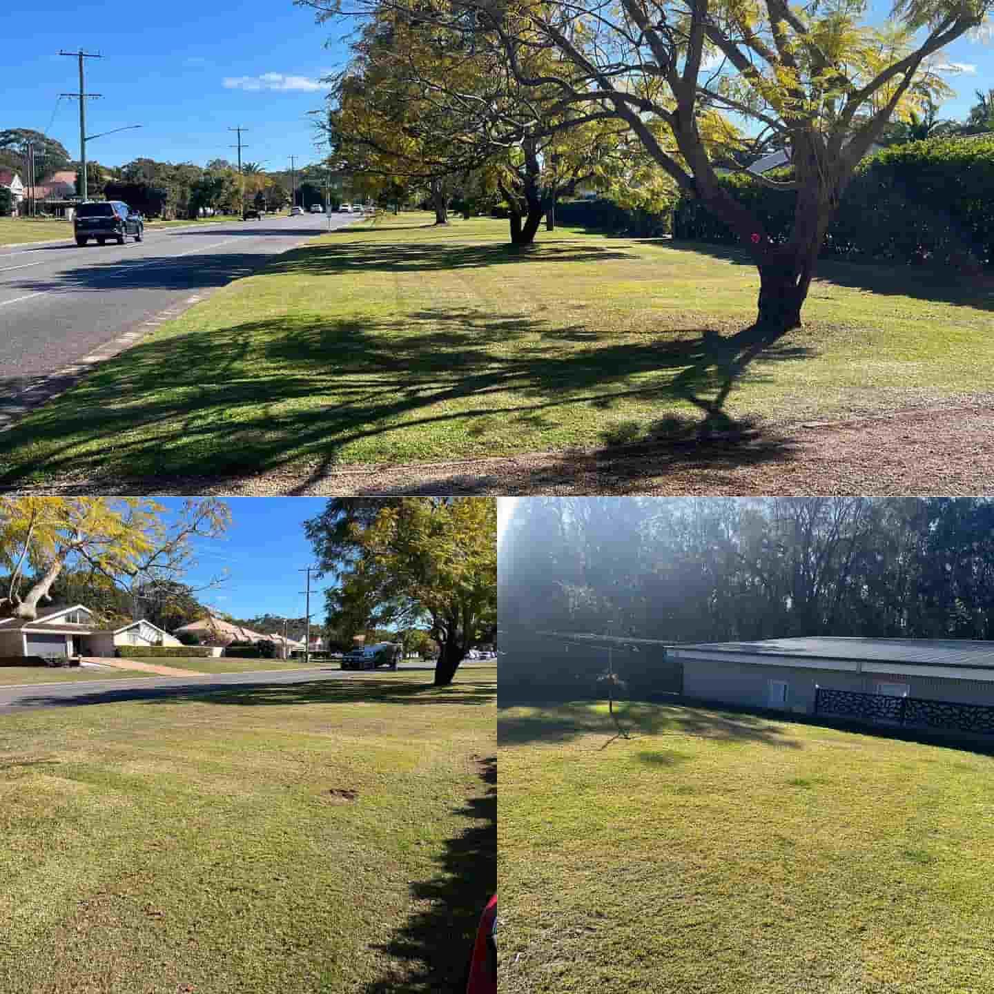A Collage Of Four Pictures Of A Grassy Area Next To A Road — Gibbo’s Lawns & Property Maintenance In Medowie, NSW