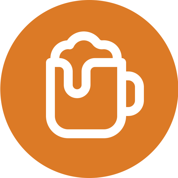 An orange circle with a white icon of a beer mug