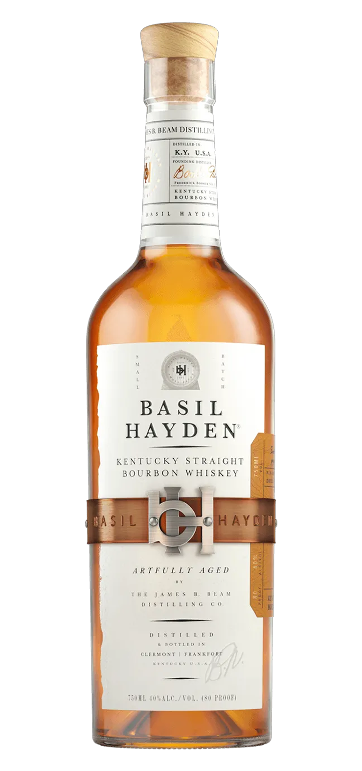 A bottle of basil hayden on a white background