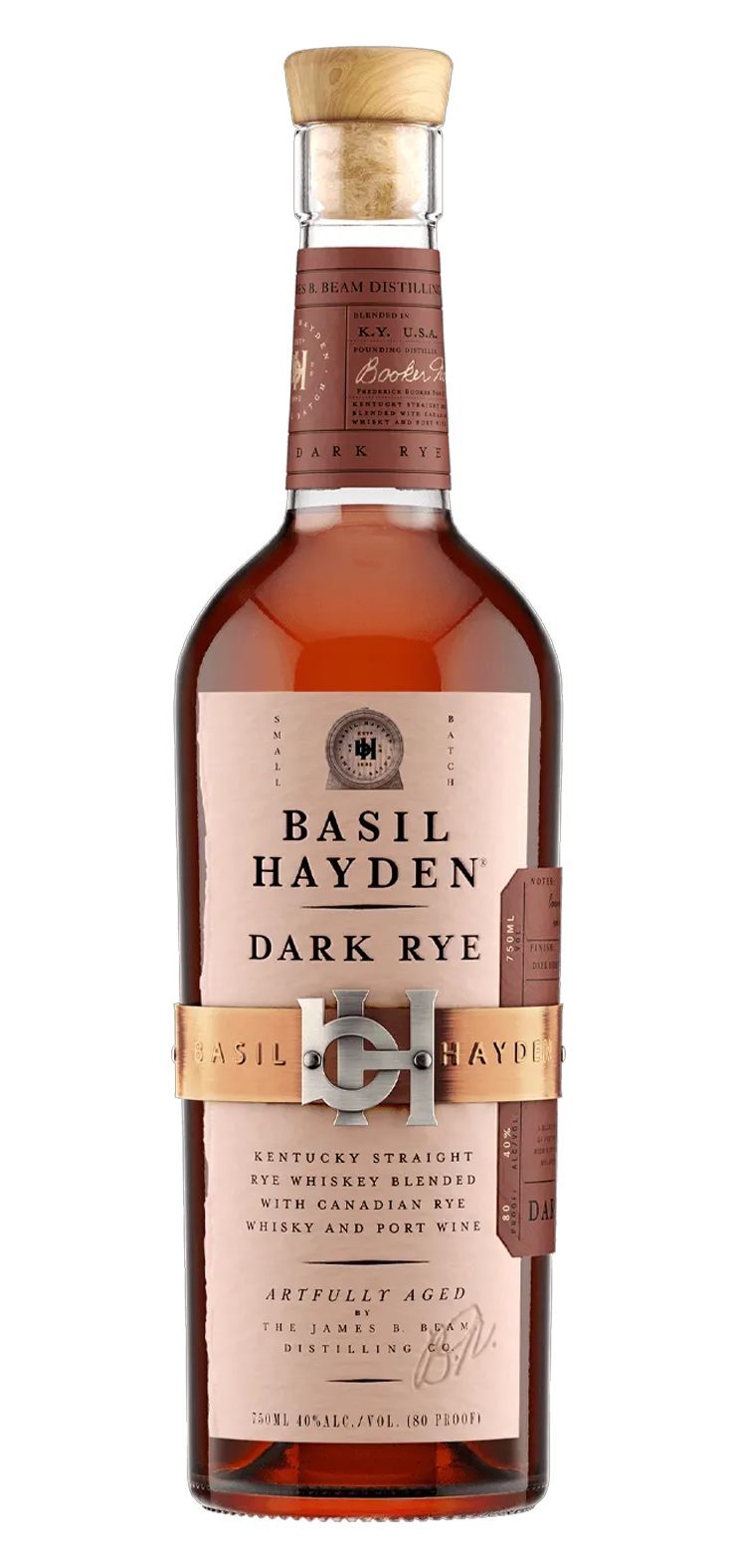 A bottle of basil hayden dark rye on a white background