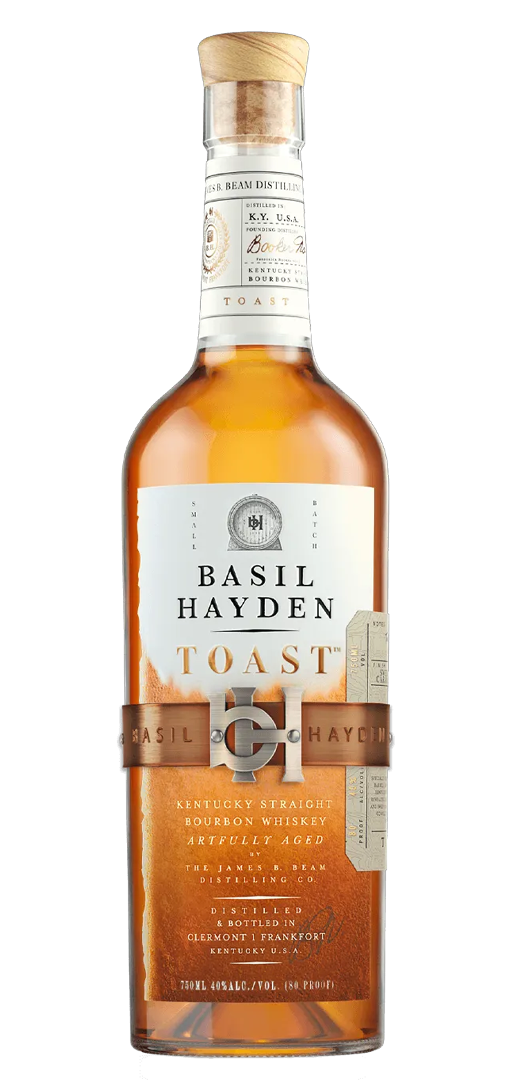 A bottle of basil hayden toast on a white background