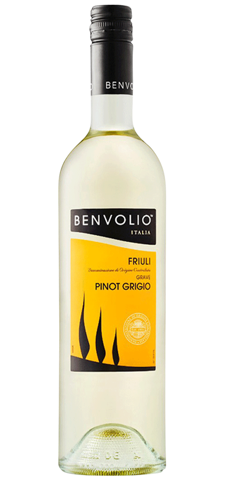 A bottle of white wine with a floral label on a white background.