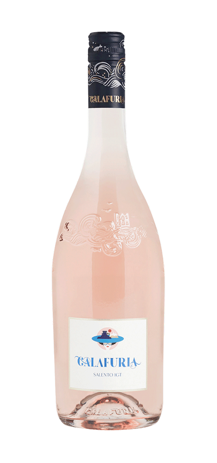 A bottle of prosecco wine with a blue label on a white background.