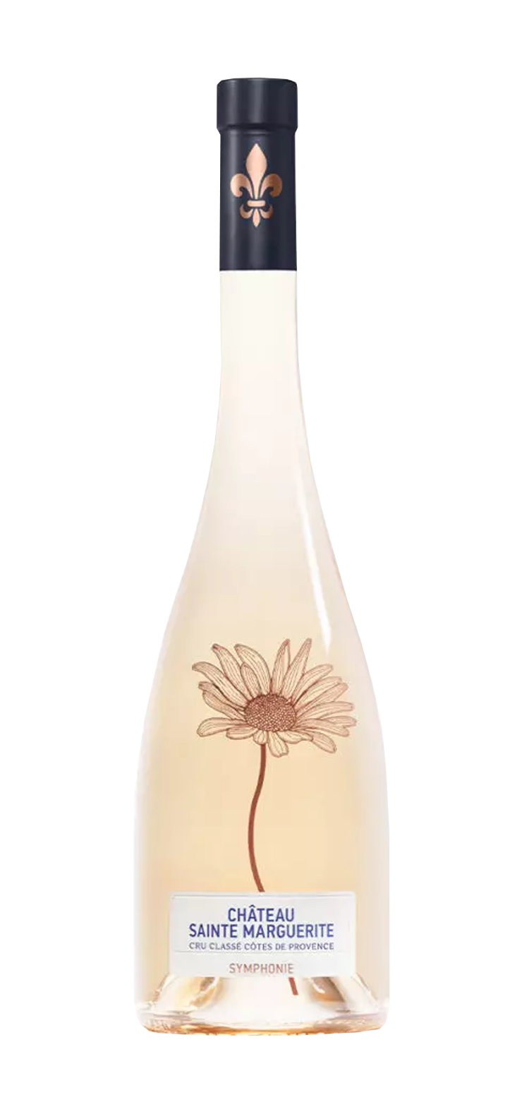 A bottle of white wine with a floral label on a white background.