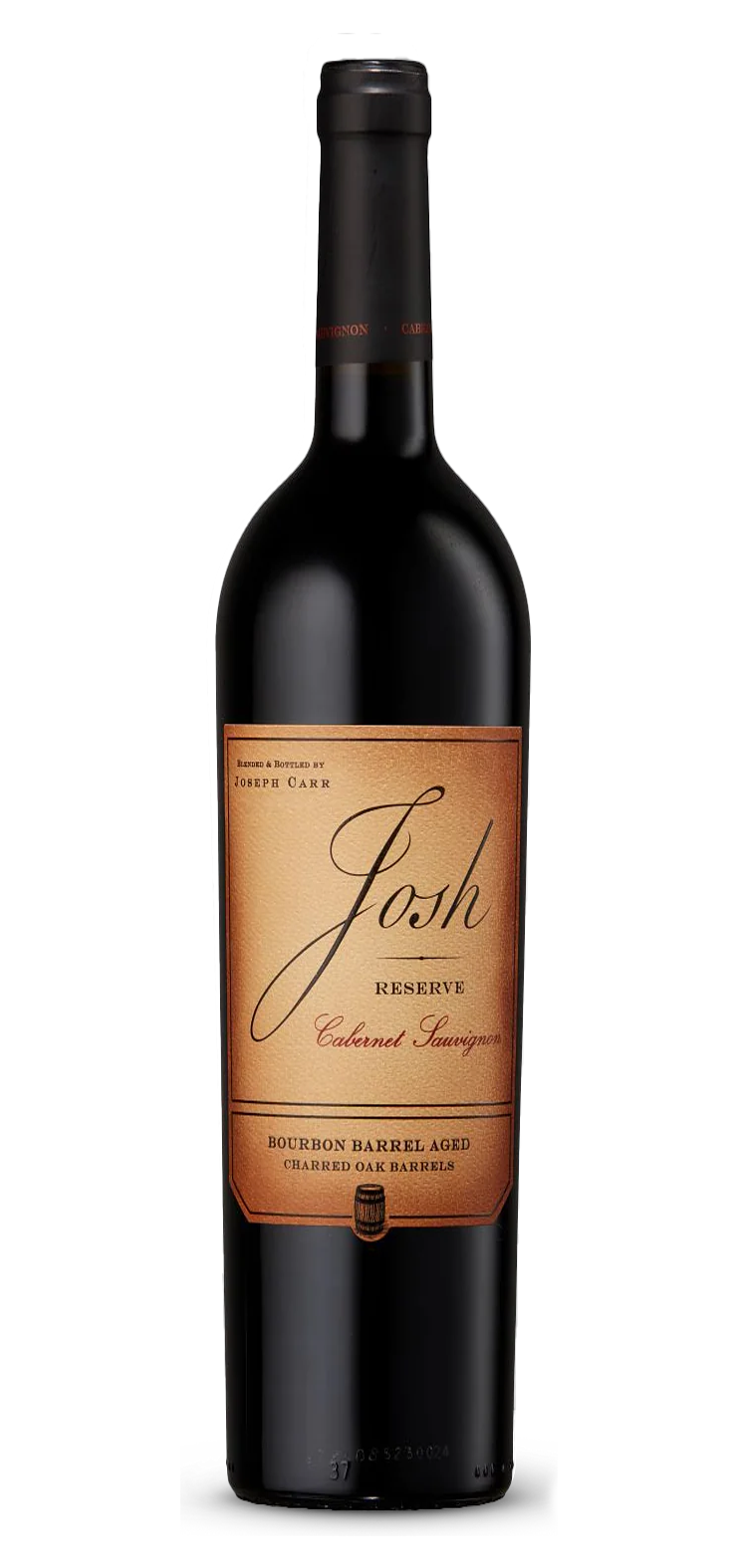 A bottle of red wine with a red cap on a white background.