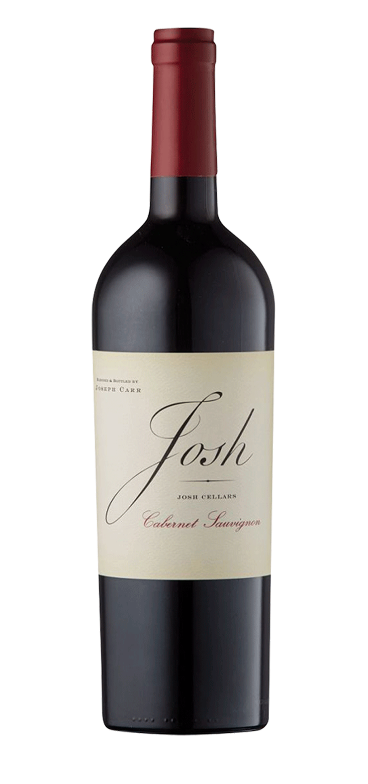 A bottle of red wine with a red cap on a white background.