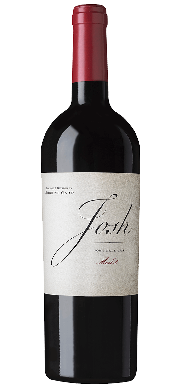 A bottle of red wine with a red cap on a white background.