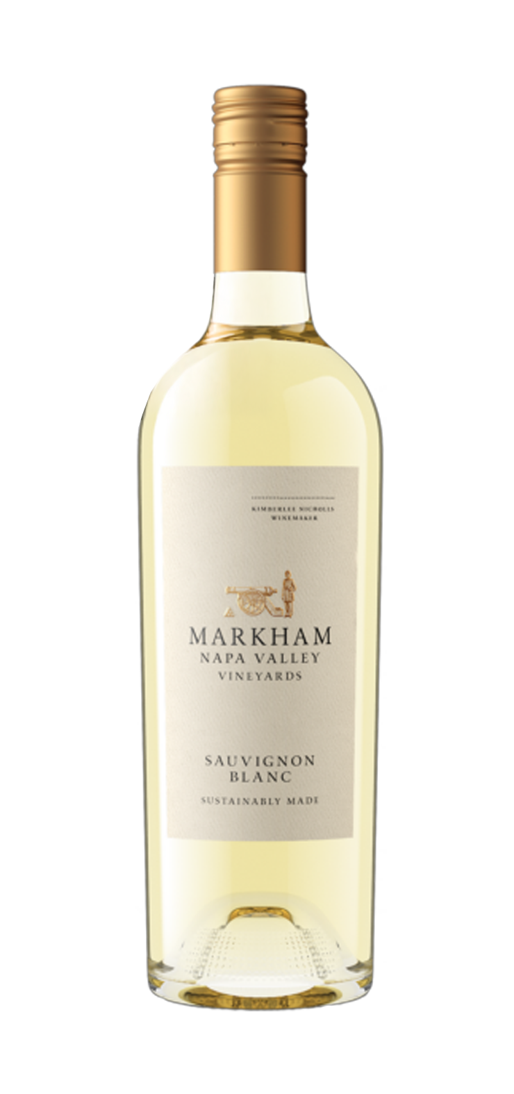 A bottle of white wine with a floral label on a white background.