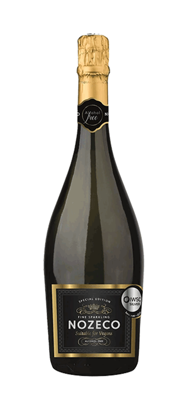 A bottle of white wine with a floral label on a white background.