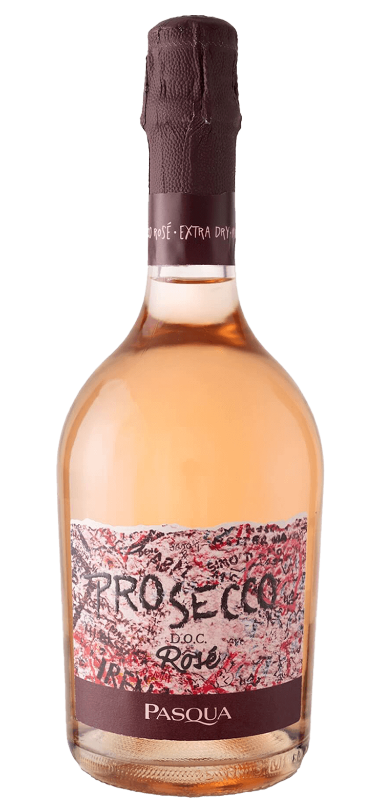 A bottle of red wine with a red cap on a white background.