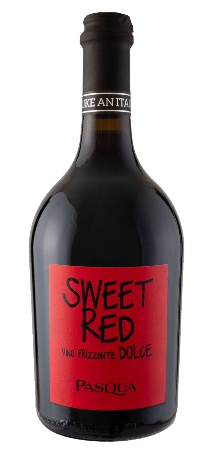 A bottle of red wine with a red cap on a white background.