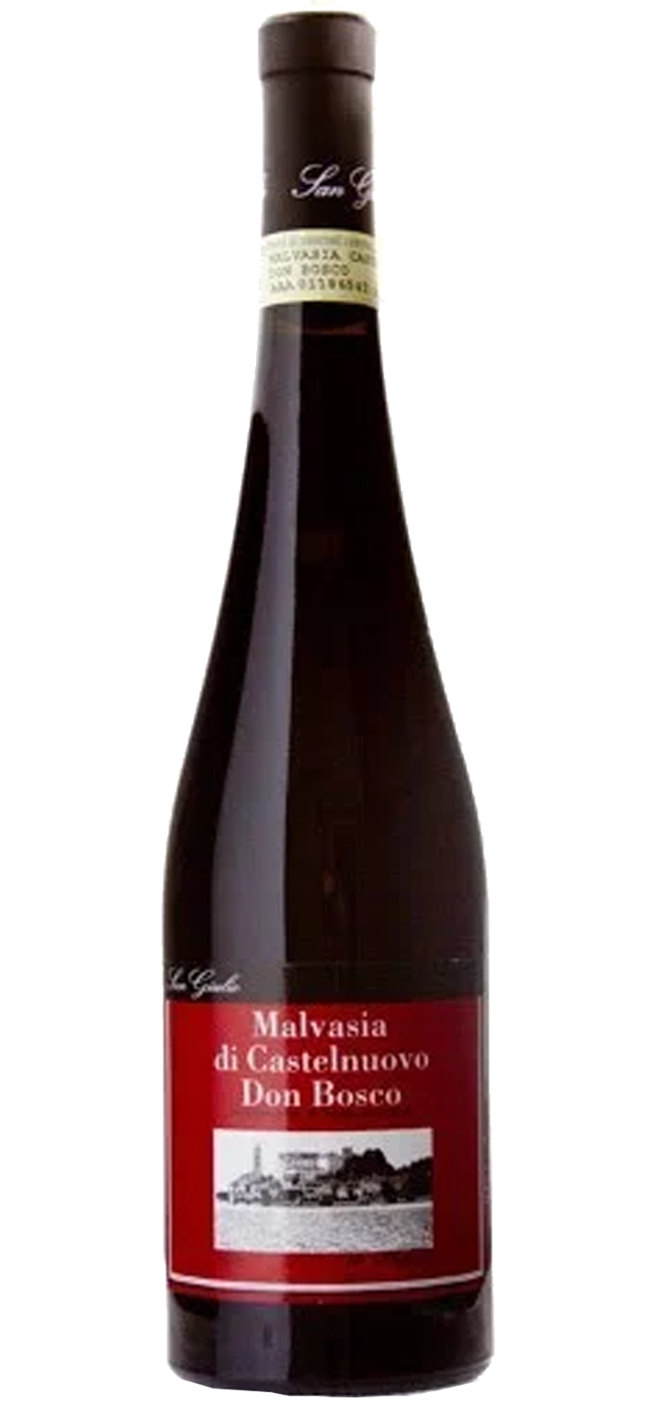A bottle of sweet red wine with a red label on a white background.