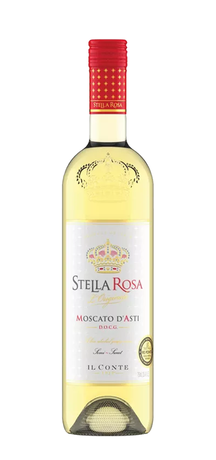 A bottle of sweet red wine with a red label on a white background.