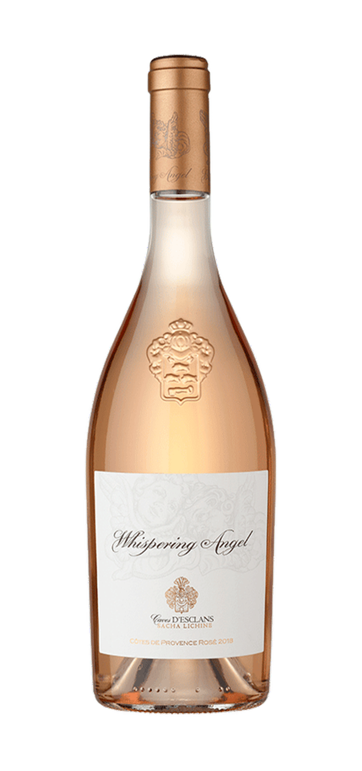 A bottle of white wine with a floral label on a white background.