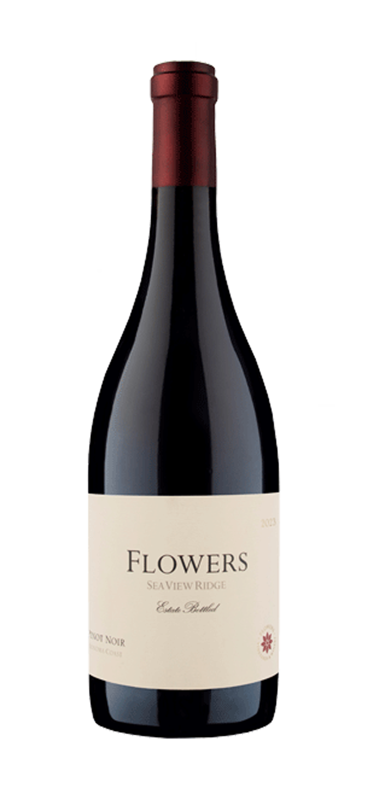 A bottle of red wine with a red cap on a white background.