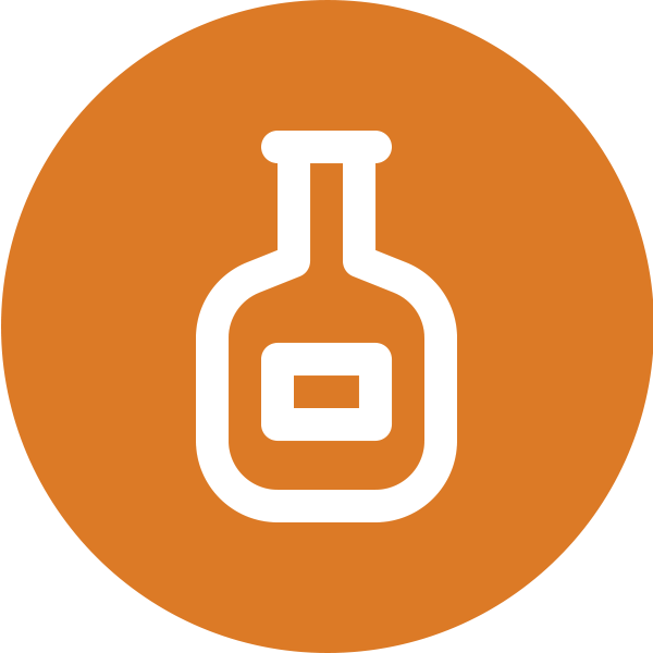 An orange circle with a white icon of a bottle in it