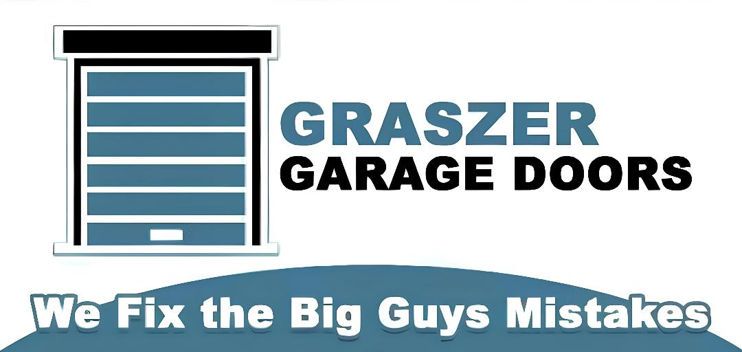 The logo for graszer garage doors says `` we fix the big guys mistakes ''.