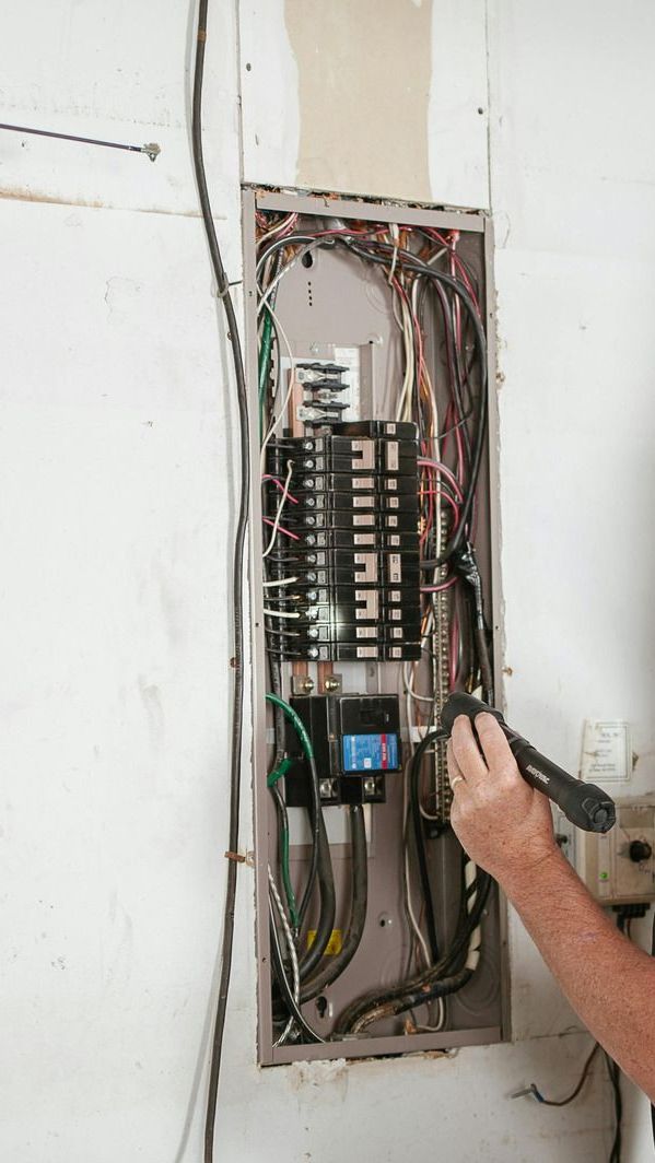 A man is working on an electrical box on a wall.