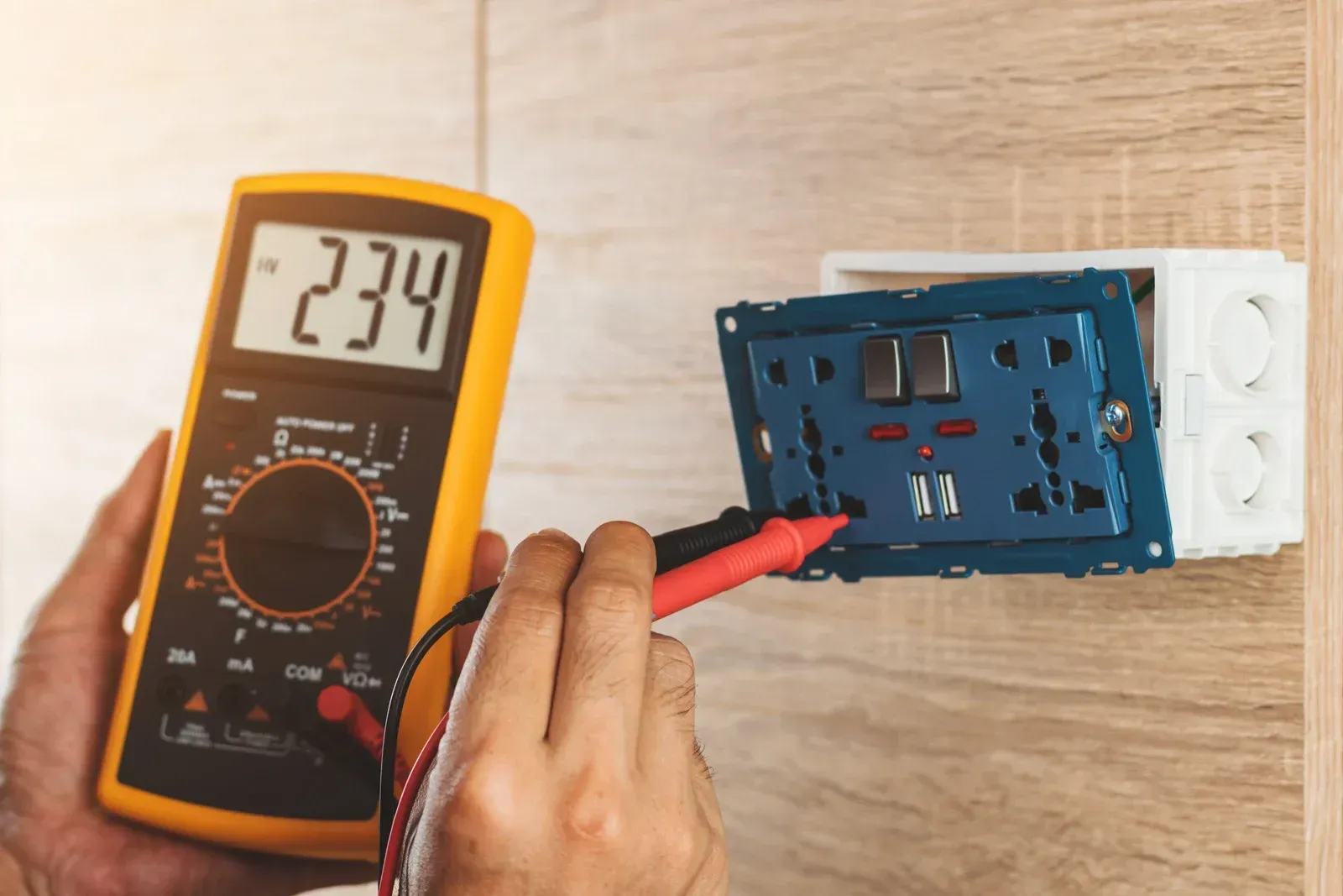 A person is using a multimeter to test an electrical outlet.