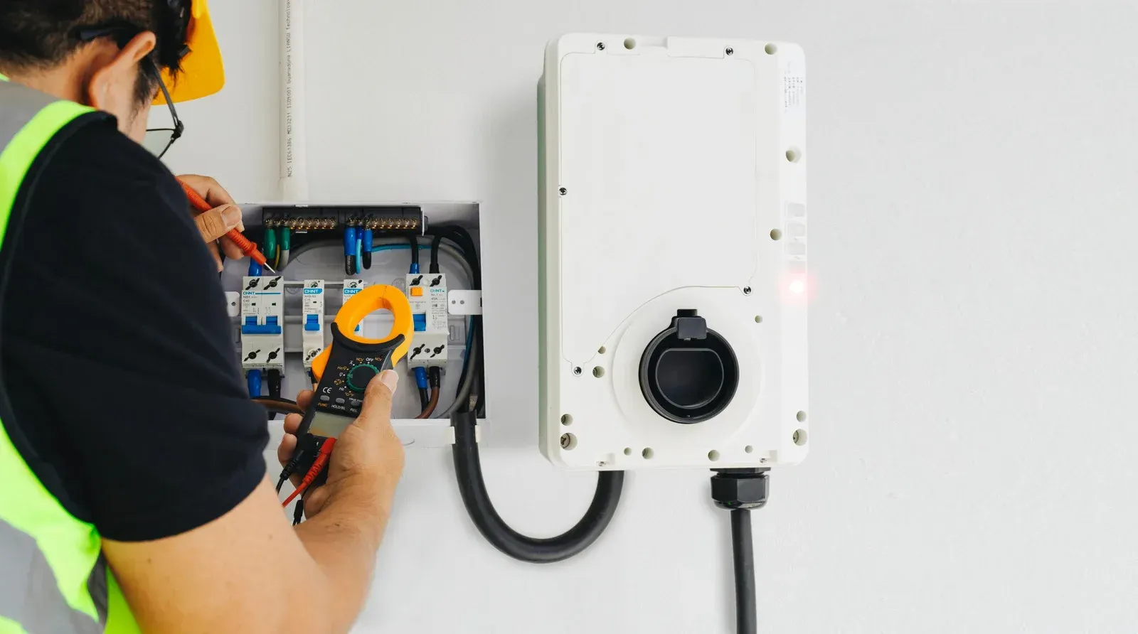 A man is working on an electric car charger on a wall.