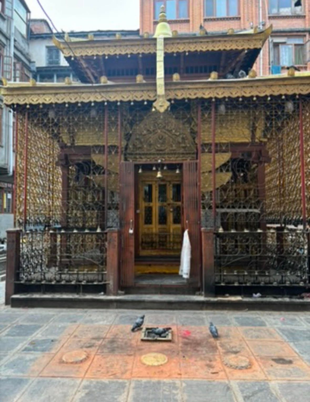 Ornate golden-roofed temple with dark wooden doors and a tiled plaza. Pigeons on ground.