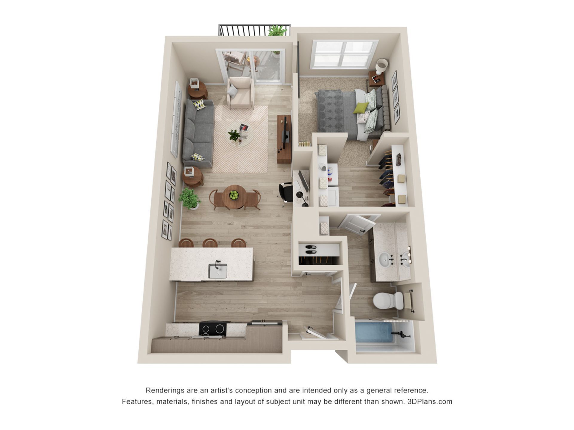 A 3d floor plan of a small apartment with a bedroom , living room , and kitchen.