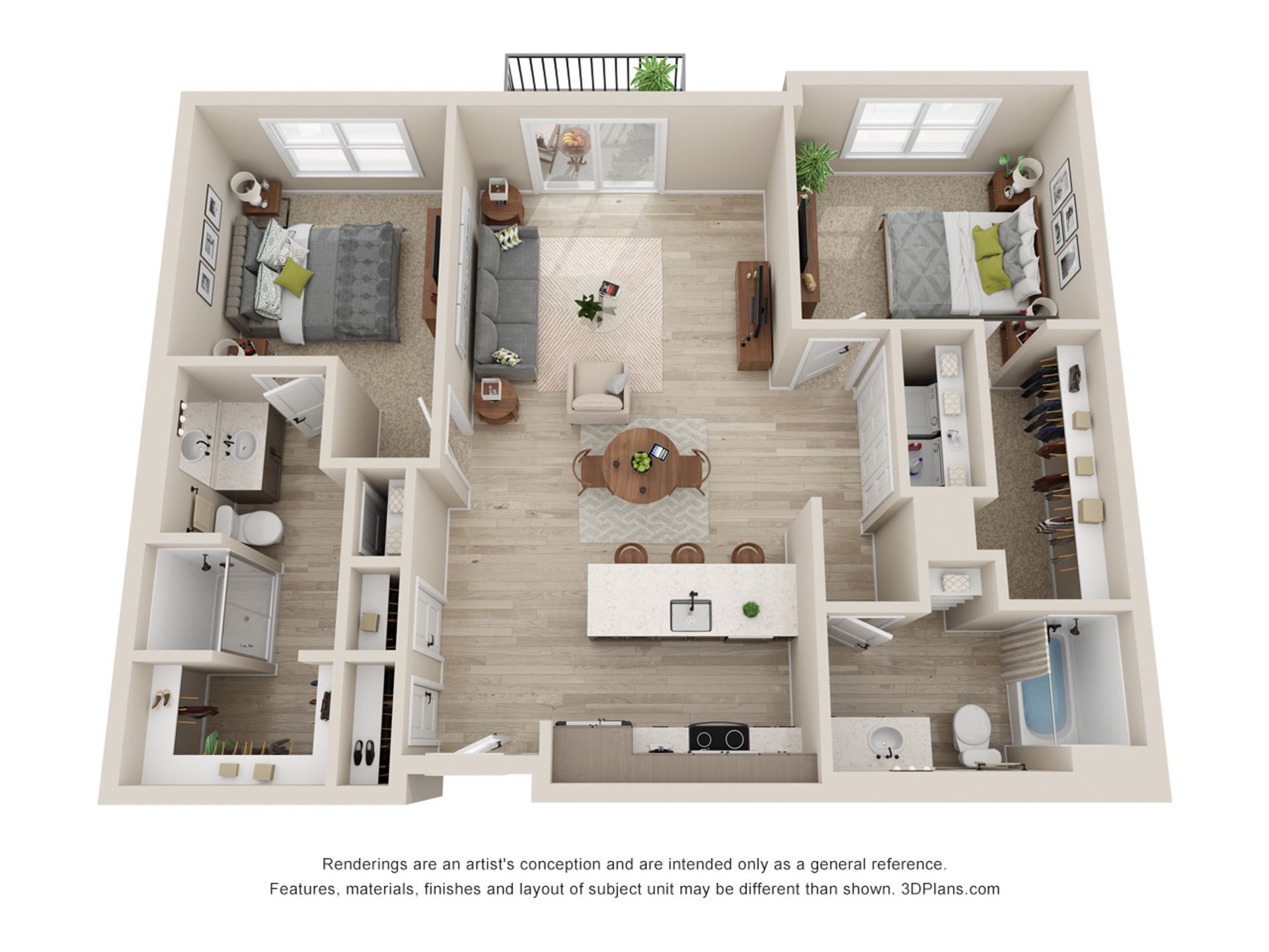 A 3d floor plan of a house with two bedrooms and a kitchen.