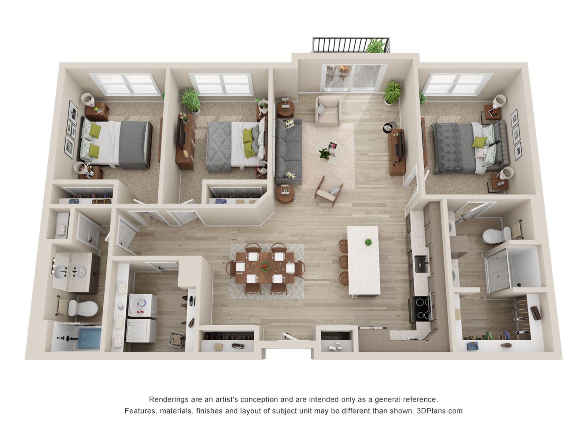 A 3d floor plan of a house with three bedrooms and a kitchen.