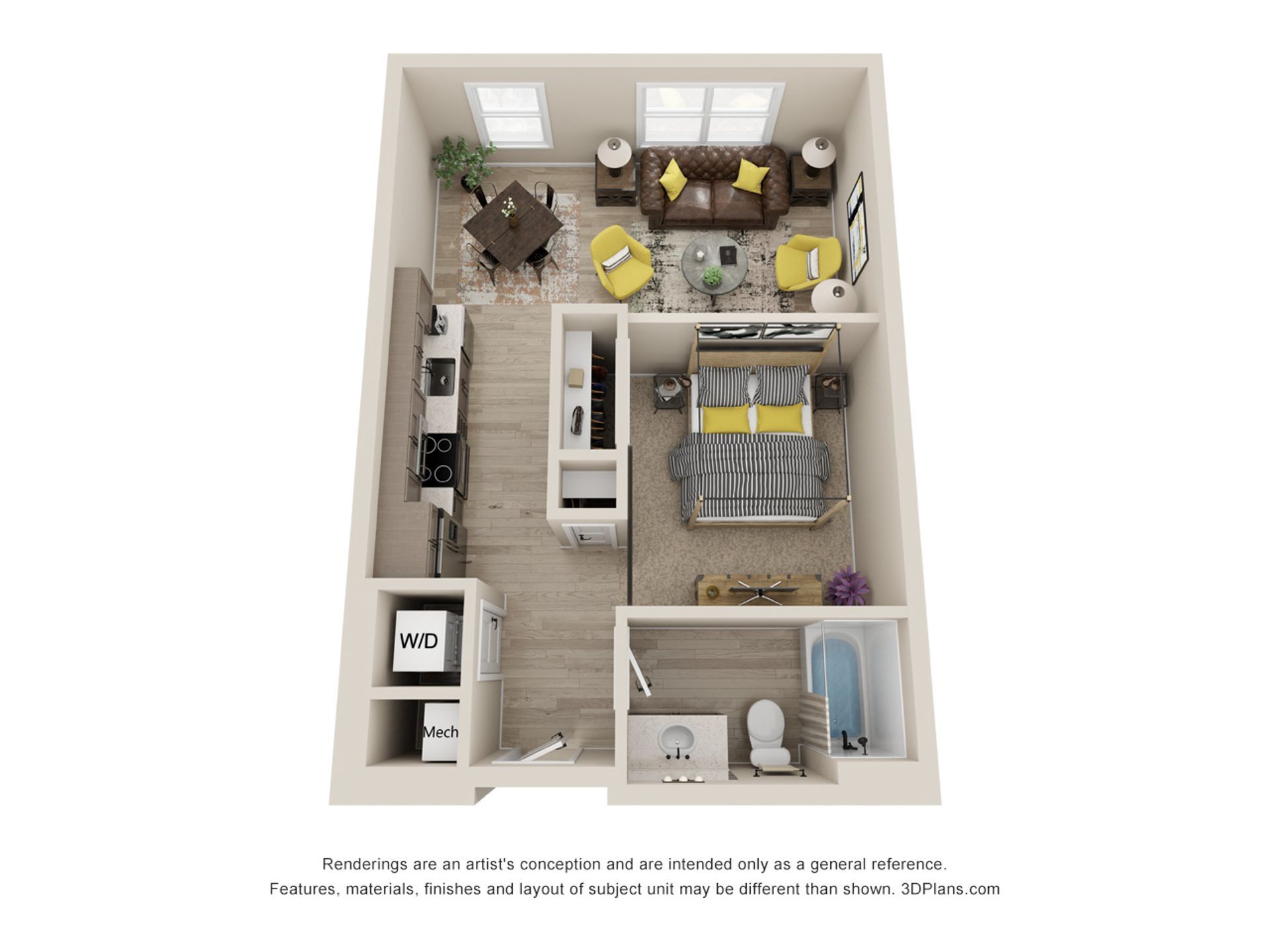 A 3d floor plan of a small apartment with a bedroom , living room , and kitchen.