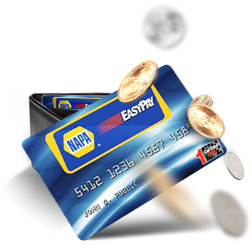 NAPA EasyPay credit card emerging from a wallet, with coins floating around it.