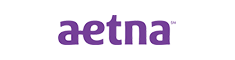 The aetna logo is purple and white on a white background.