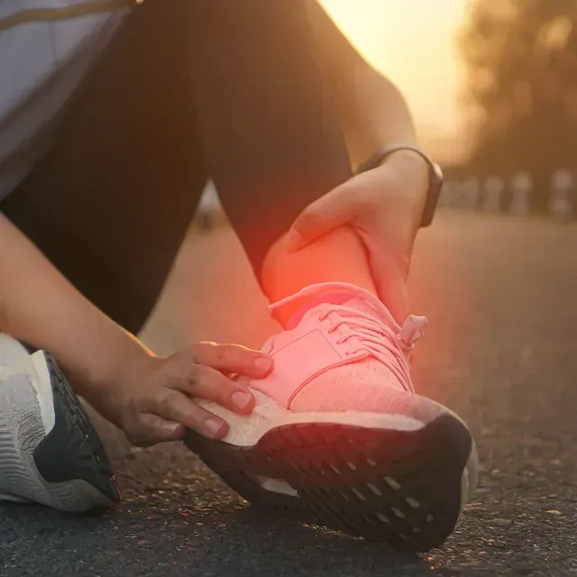 A person sitting on a road, holding their ankle which is highlighted in red to indicate pain or an injury.