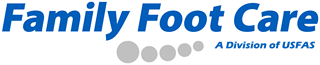 Logo for Family Foot Care, featuring blue text and five gray dots in a trail, with the subtext 