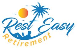 Logo: Person in hammock under palm tree, sun, birds, 