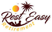 Logo of a person relaxing in a hammock, reading, with a sunset and palm tree; 