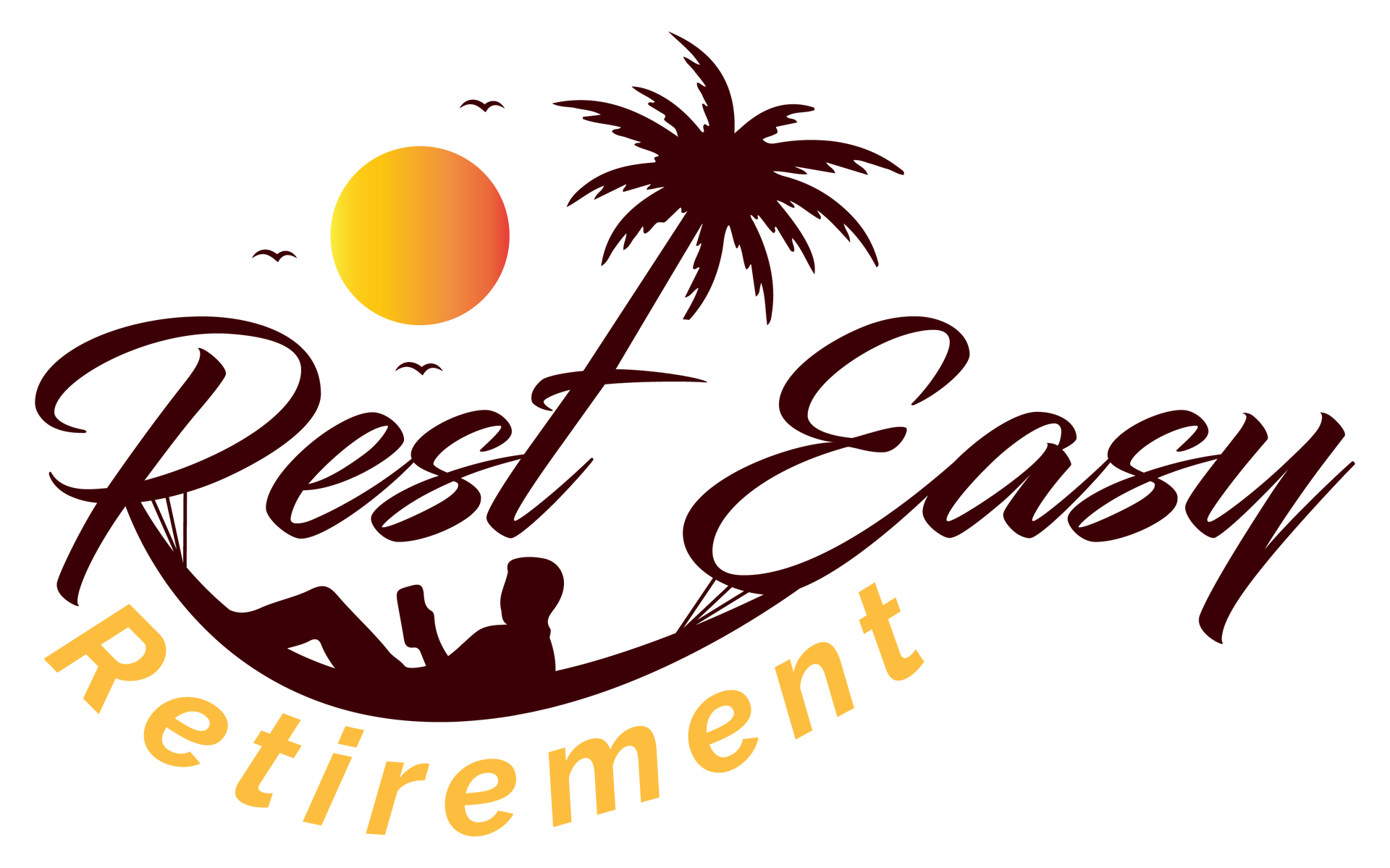 Logo of a person relaxing in a hammock, reading, with a sunset and palm tree; 