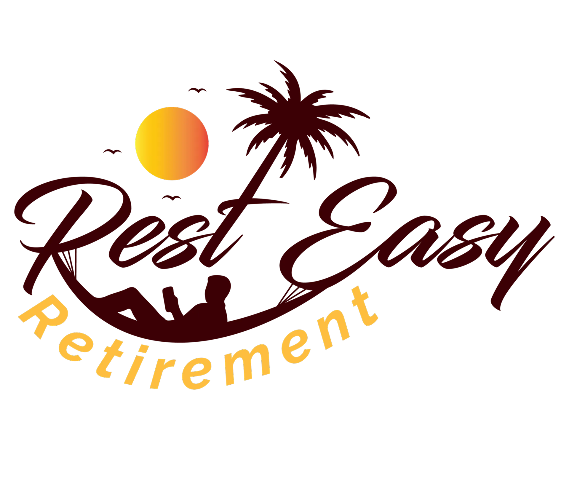 Logo with person in hammock, palm tree, sun, and text 