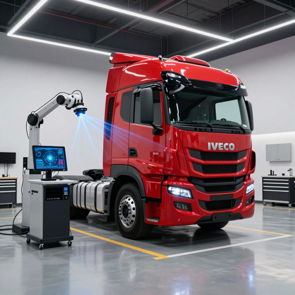 Camión Iveco rojo en un taller moderno, siendo escaneado por un brazo de inspección robótico con luz azul.