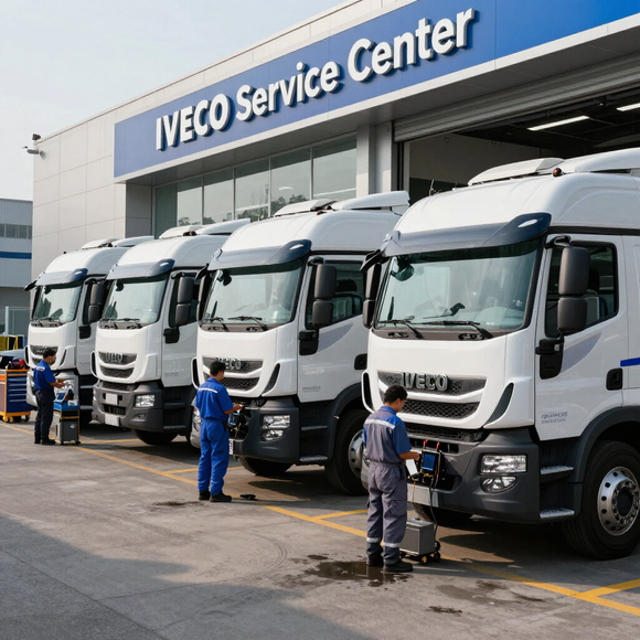 Centro de servicio IVECO con camiones blancos alineados afuera mientras los trabajadores los inspeccionan.