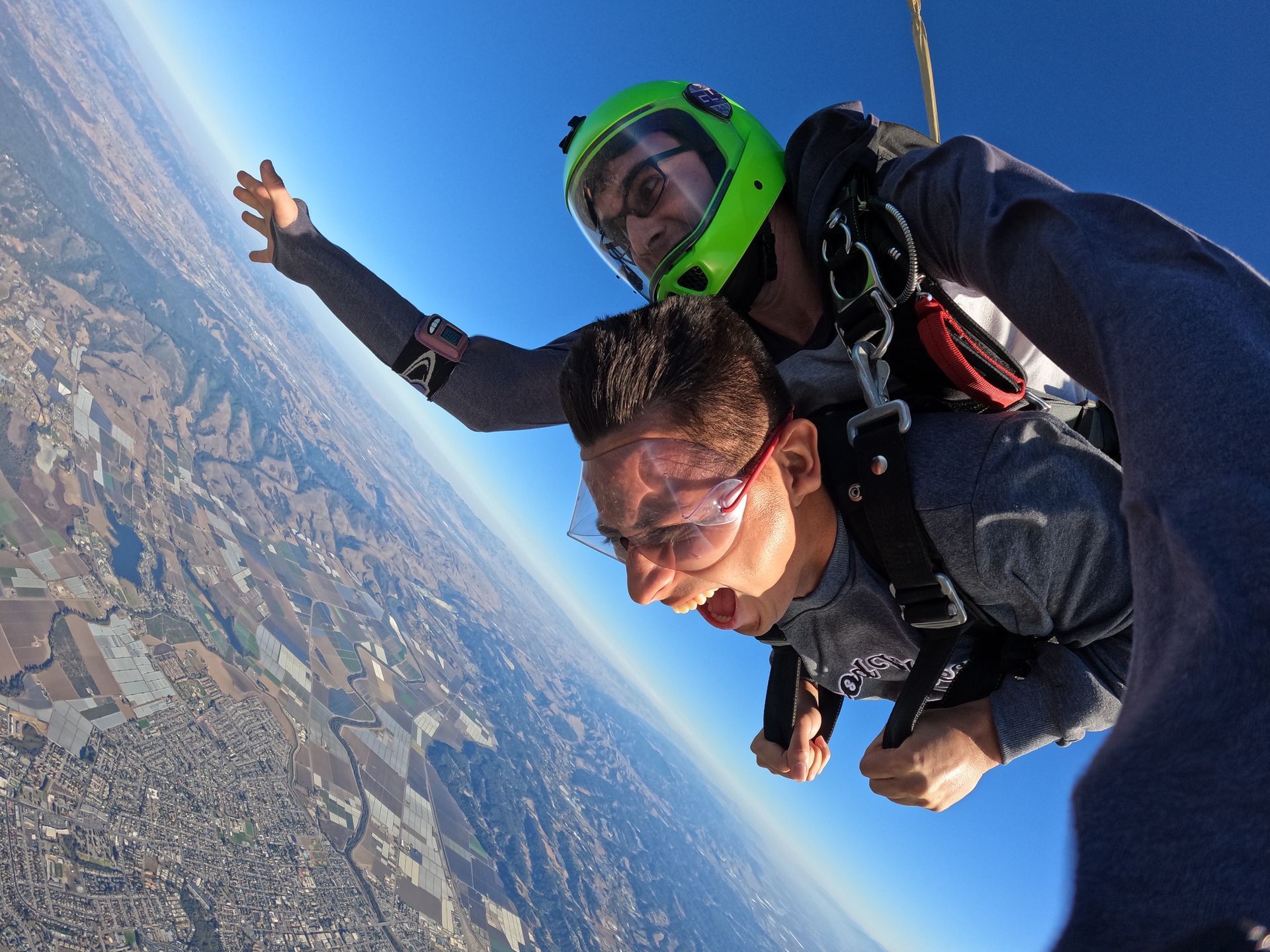 Skydive Santa Cruz tandem student and instructor during freefall descent. 