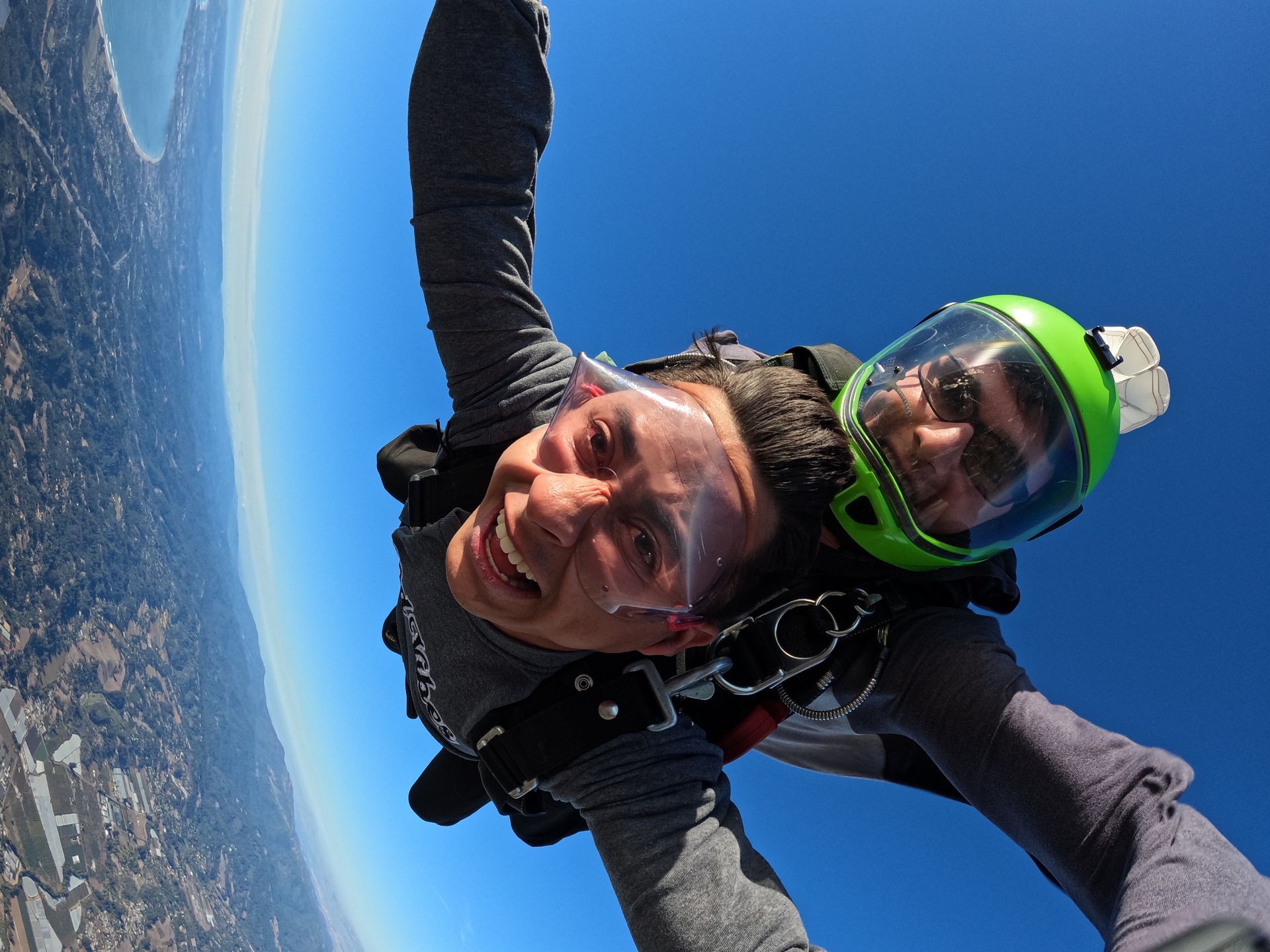 Skydive Santa Cruz tandem pair during freefall. 