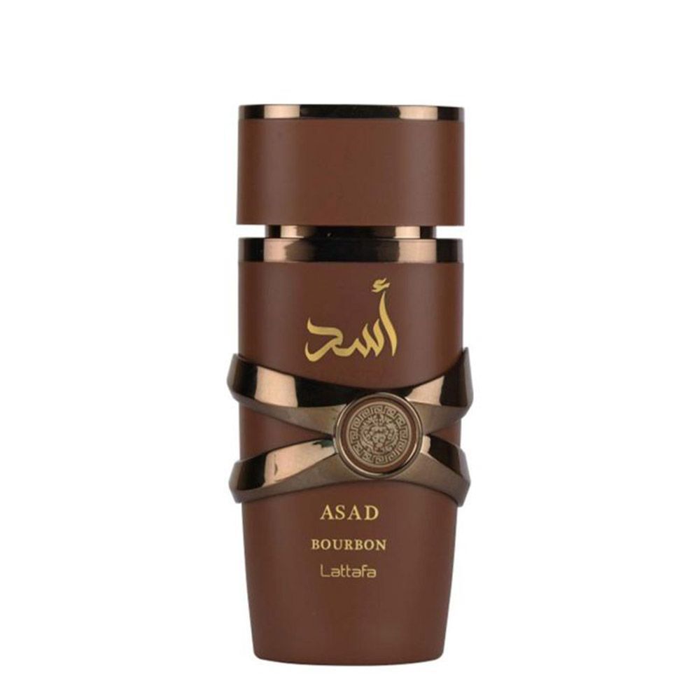 Frasco de perfume marrón Asad Bourbon Lattafa con detalles dorados y letras árabes.