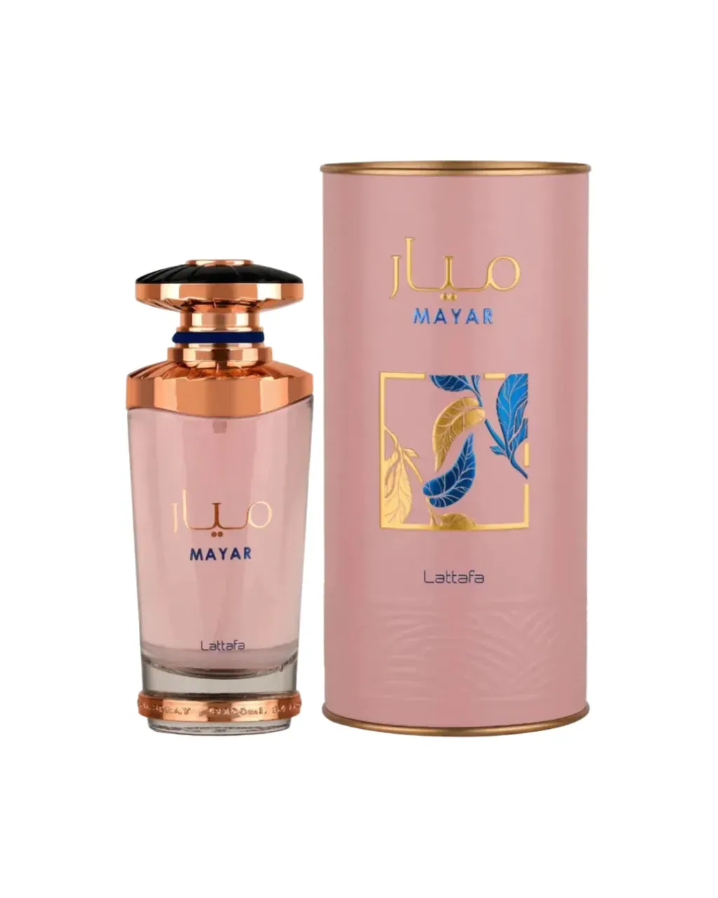 Frasco de perfume Mayar rosa y dorado junto a una caja cilíndrica a juego con detalles florales azules.