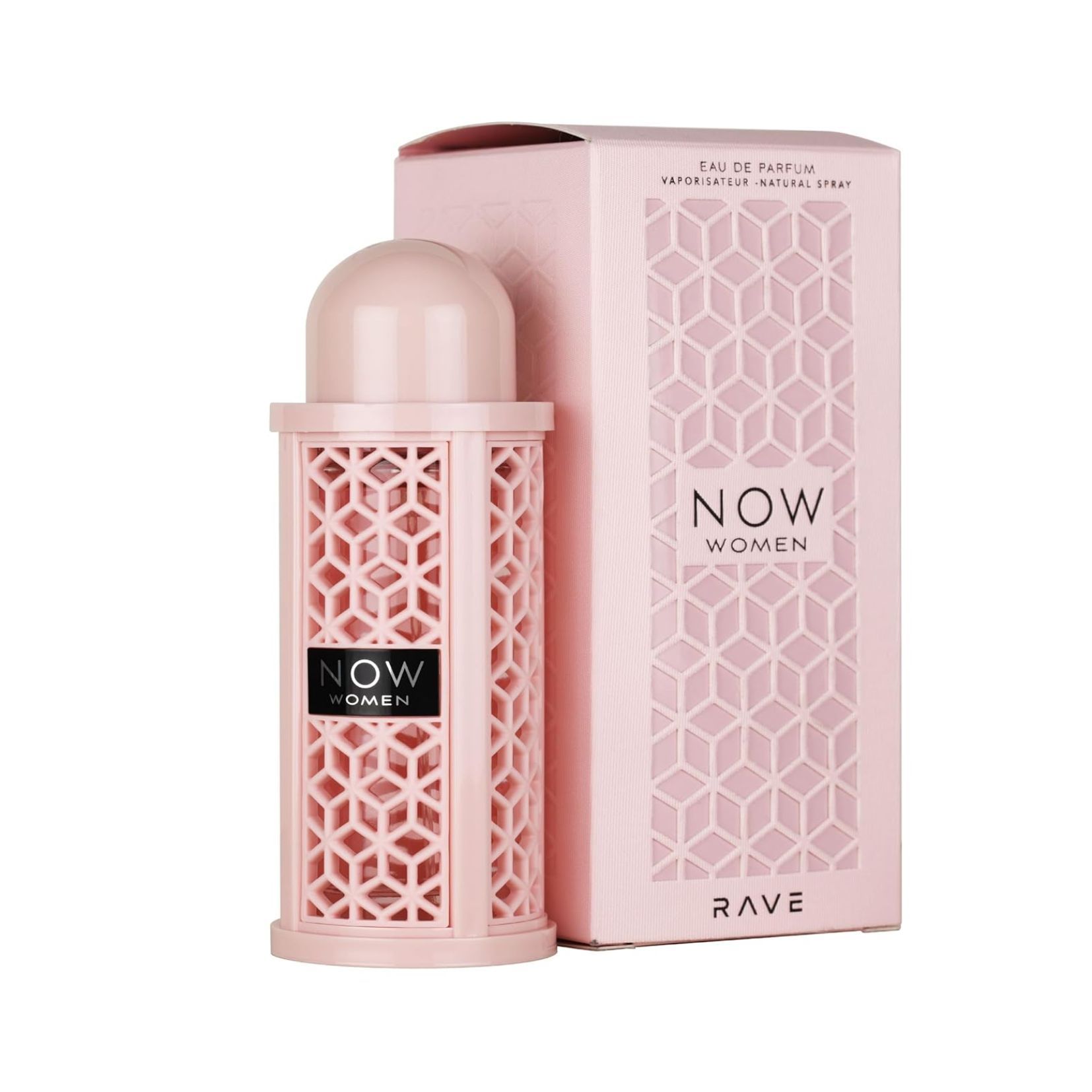 Frasco de perfume rosa y caja con estampado geométrico, etiquetados como NOW y RAVE.