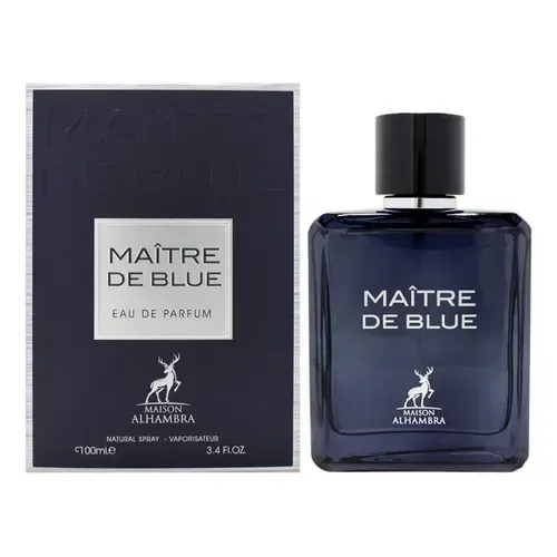 Frasco y caja de Maître de Blue Eau de Parfum, embalaje azul marino oscuro con texto plateado.