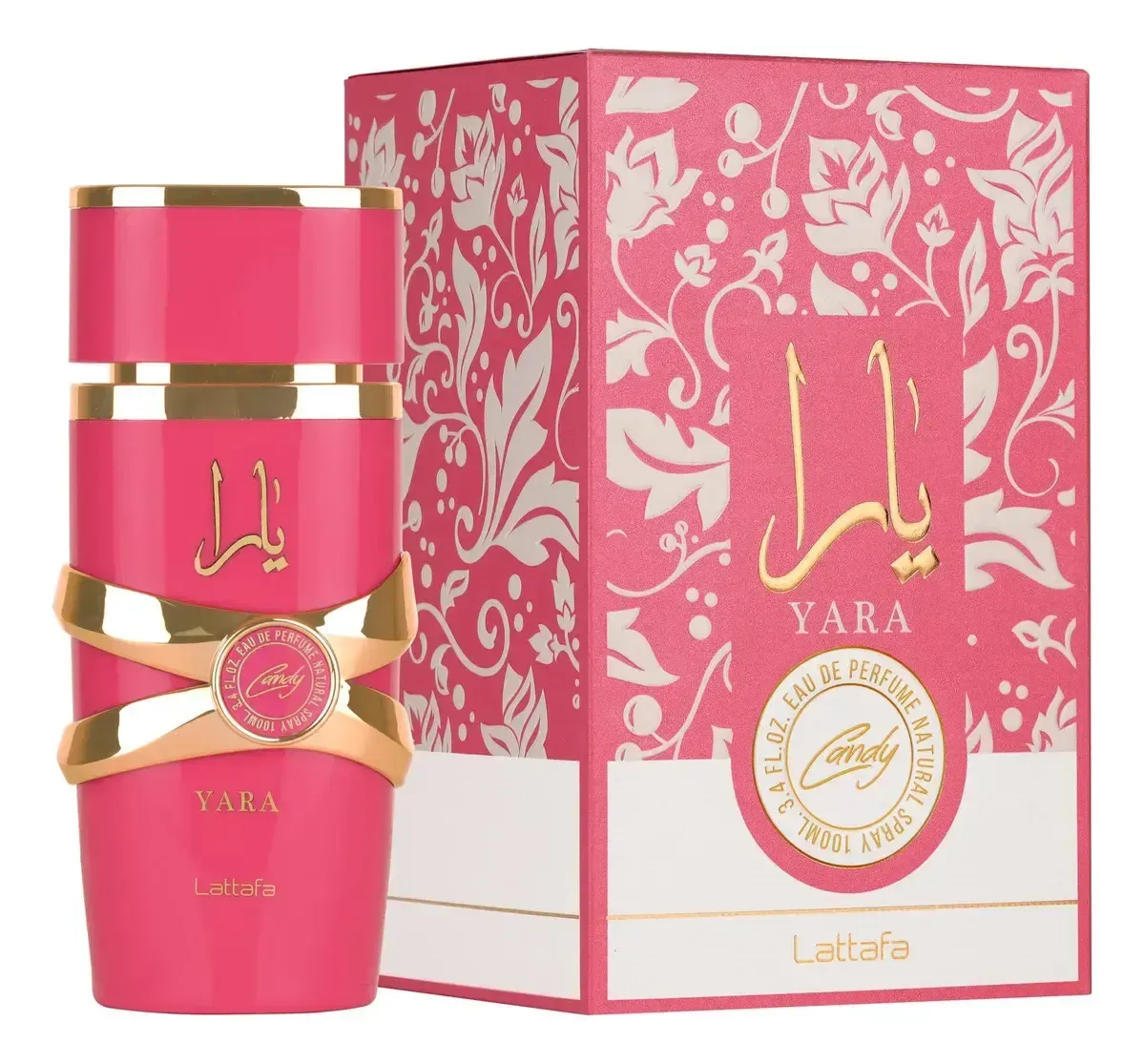Frasco de perfume Pink Yara junto a una caja Yara a juego en rosa y dorado.